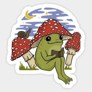 A Cute Frog in Mushroom Cap, Reading Amongst Snails and Toadstools, Embracing Goblincore Charm Sticker